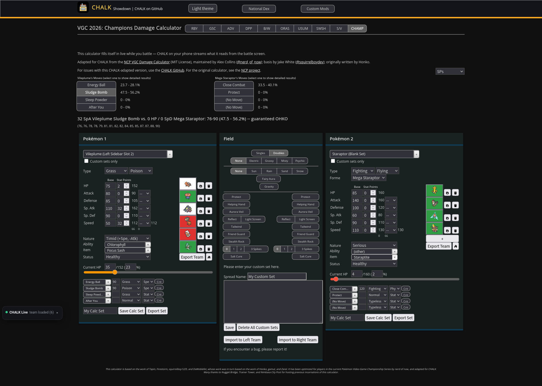 CHALK live damage calculator auto-filling in a desktop browser